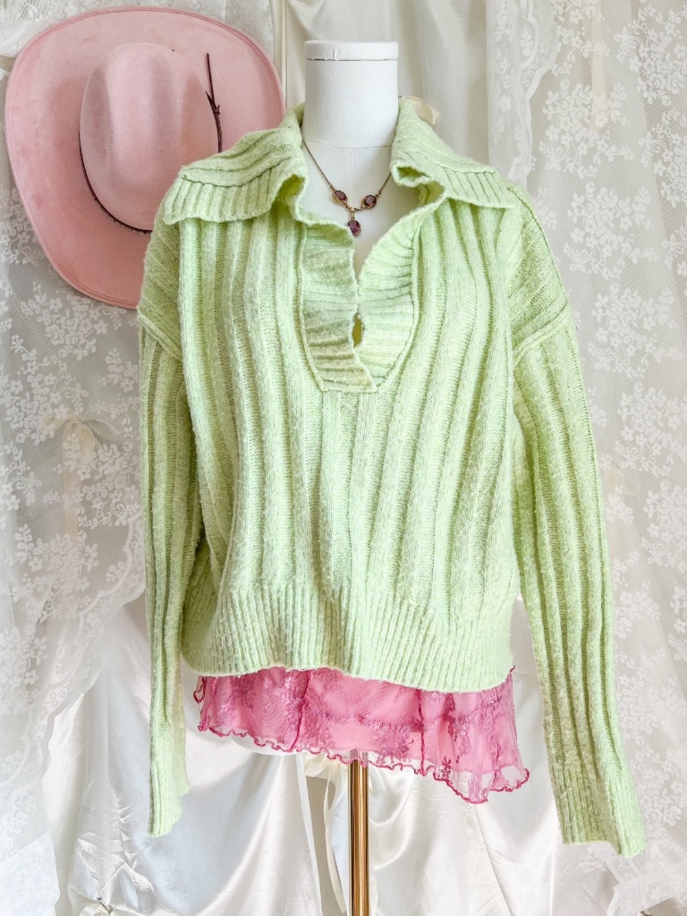 Hippie Rose Green Knit Sweater Collared Ribbed Soft Girl Coquette